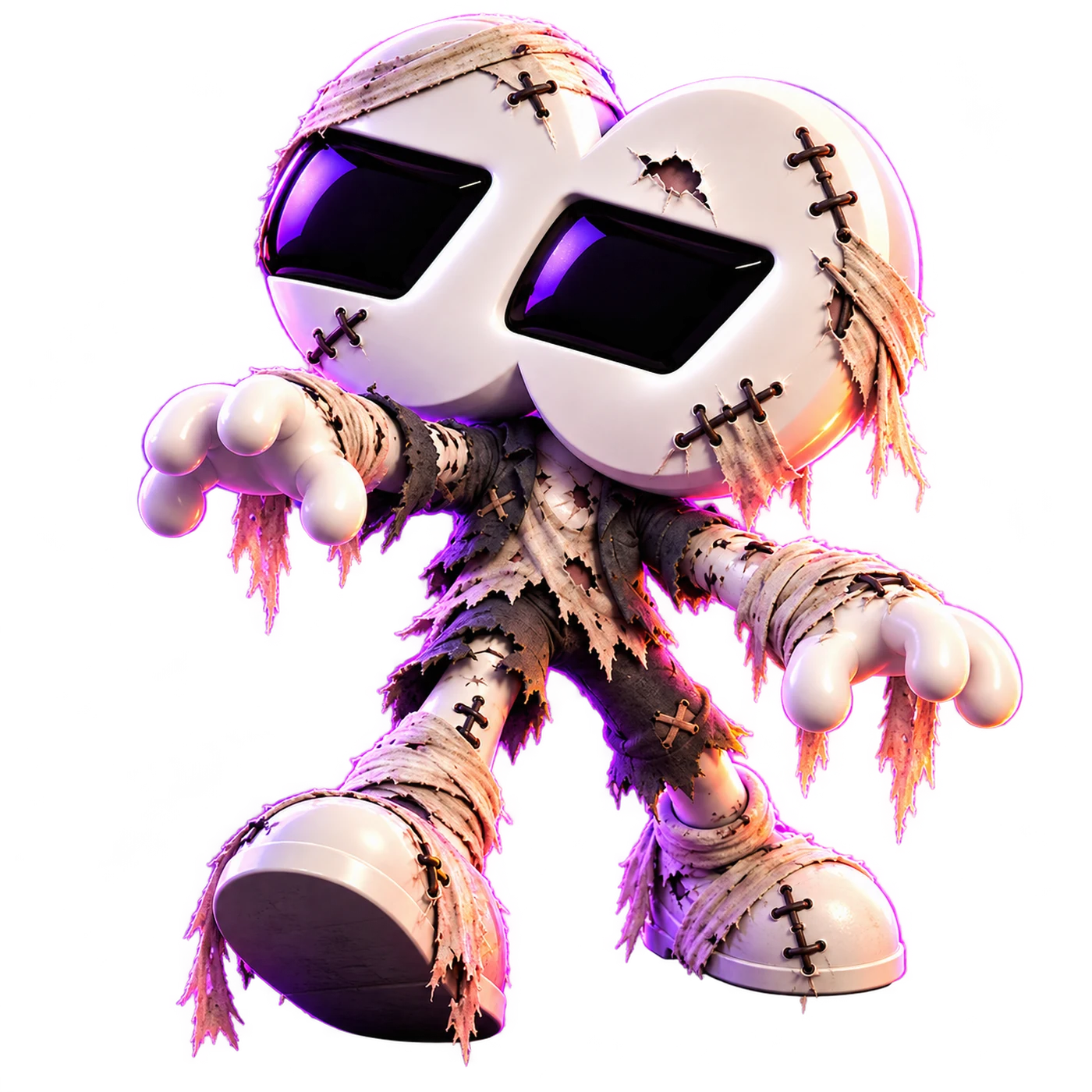 Remuween zombie mascot reaching out in a tattered Halloween costume